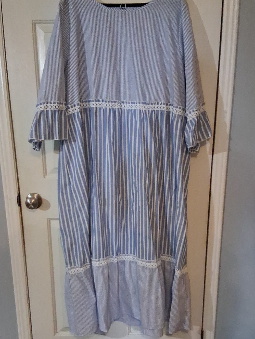 Blue and White Striped Maxi Dress with Lace Trim